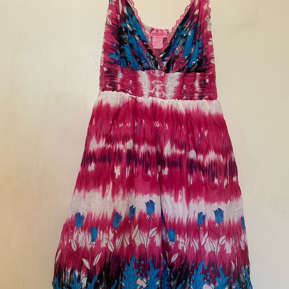 She's Cool Pink and Blue Floral Tie-Dye Maxi Dress Sz Large Smocked Cotton